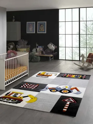 Zdjęcie produktu dla Dywan do pokoju dziecięcego „Plac budowy” – czarny, szary, kremowy – wymiary: 200 x 290 cm
