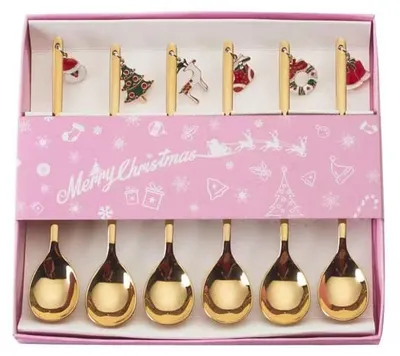 6 Weihnachts-Kaffeelöffel Edelstahl gold 13,5 cm