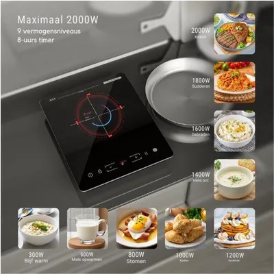 Image de Plaque à induction 2000 watts - 1 zone - Écran tactile - Zone de cuisson de 28 cm - 9 niveaux de puissance - Minuterie de 8 heures - Détection de casserole