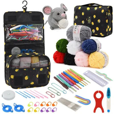 Image de Kit de crochet et de tricot - Kit de 63 pièces - Avec du fil - Crochets de différentes tailles - Sac de rangement - Noir