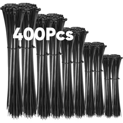 Obrázek produktu pro Sada černých stahovacích pásek, 400 kusů, délky 100/150/200/300 mm, nylonové, samozacelovací