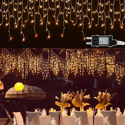 Obrázok produktu pre Jayseuw 20M 600LEDs ľadový dážď rozprávkové svetlá teplá biela, okenné svetelné závesy s 8 režimami IP44 vodotesné, vianočné osvetlenie party balkón záhradné dekorácie