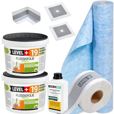 Obrázek produktu pro Hydroizolační sada Tekutá membrána 8kg Páska 5mb Základní nátěr 1L Manžety Level+ SET506