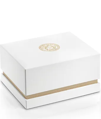 A white gift box with a gold logo on top, set against a white background.