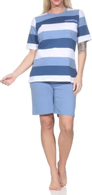 Produktbild von Normann Damen Shorty Pyjama kurzarm in Blockstreifenoptik - auch in Übergrössen ; blau-mel. , 36