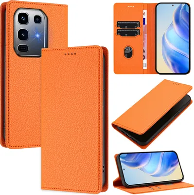 Immagine prodotto di Custodia in pelle per Infinix Note 50 Pro+, pelle Litschi, custodia a portafoglio con slot per carte e supporto Arancione