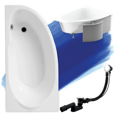 Zdjęcie produktu dla Wanna Akrylowa Zestaw 4w1 Asymetryczna 145x85 Lewa Biała + Zabudowa Styropianowa, Nowoczesny Premium Syfon i Nogi (stelaż) w komplecie | BADLAND MIKI