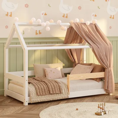 Produktbild von Hausbett 90x200 - Bodenbett Kinderzimmer mit Lattenrost und Rausfallschutz - Weiß - Montessori Bett für Kinder Milo Massivkiefernholz | Smartwood