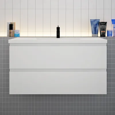Produktbild von Badezimmermöbel 100cm CINIC-Serie Mineralguss Waschtisch mit Unterschrank Hängeschrank Badezimmerschränke mit 2 Schubladen Weiß Matt