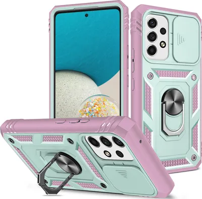 Image de Etui pour Samsung Galaxy A53 5G avec protection de l'appareil photo coulissant, résistant aux chocs, avec porte-anneau, support et porte-cartes Rose Vert
