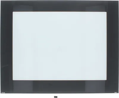 A product shot of an oven door glass pane, set against a black and white background.