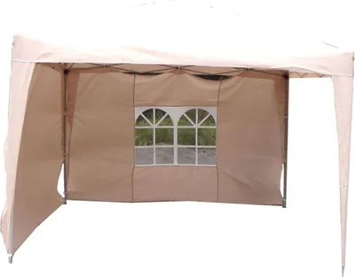 A beige gazebo with windows, shown from the front.