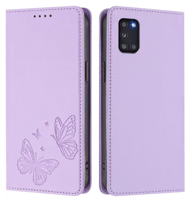 Image de Étui en cuir pour Samsung Galaxy A31, motif papillon en relief, étui portefeuille à rabat avec support, violet clair