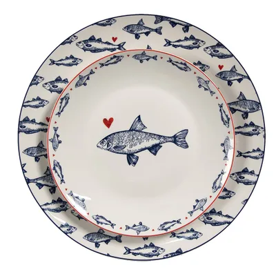 Obrázek produktu pro Jídelní talíř Clayre & Eef Ø 26 cm Bílá modrá porcelánová ryba