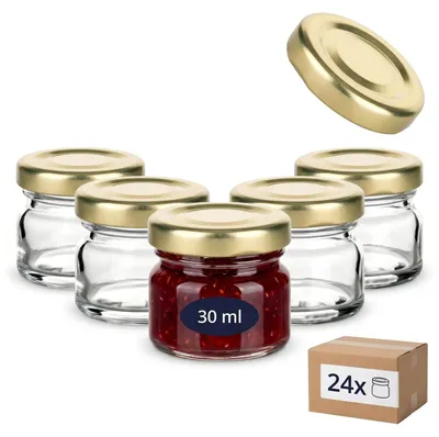 Produktbild von Einmachglas Mini Marmeladenglas Gewürzglas - 30 ml - Schraubdeckel - Gold - 24 Stück