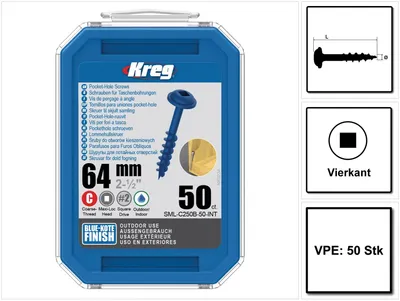 Zdjęcie produktu dla KREG Wkręt z łbem walcowym 64 mm 50 szt. zewnętrzny ( SML-C250B-50 ) napęd kwadratowy gwint częściowy gwint zgrubny samogwintujący niebieski