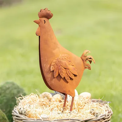 Produktbild von Garten Dekofigur "Henne" aus Metall mit Edelrost Finish, Huhn 44 cm hoch, Outdoor Balkon & Gartendeko für Draußen