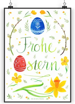 Produktbild von Mr. & Mrs. Panda Bild Ostern Frohe Ostern DIN A3 - Weiß - Geschenk, Bemalte Ostereier, Wandbild, Plakat, drucke, wanddeko, Osterei, Ostergrüße, Deko, Osterblume