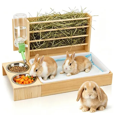 Produktbild von Kaninchen-Heuraufe - 4-in-1-Futterstation - Heurack - Toilettenbox - Näpfe - Holz - Rechteckig - Grau