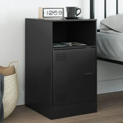 A black bedside table with a shelf and a cabinet door, placed next to a bed.