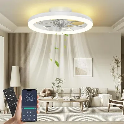 Zdjęcie produktu dla Wentylator sufitowy z oświetleniem, 40 cm, LED, możliwość regulacji jasności, sterowanie za pomocą aplikacji i pilota, lampa sufitowa z wentylatorem, 6 prędkości, timer, cichy, biały