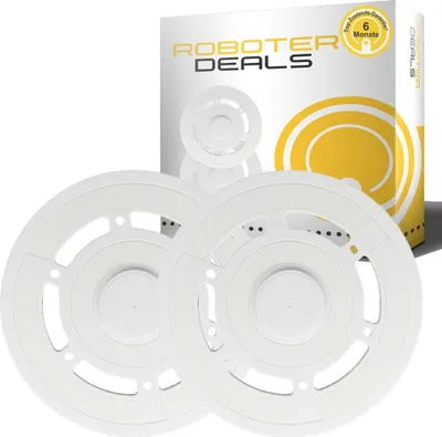 Two white circular cleaning pads are displayed in front of a product box.