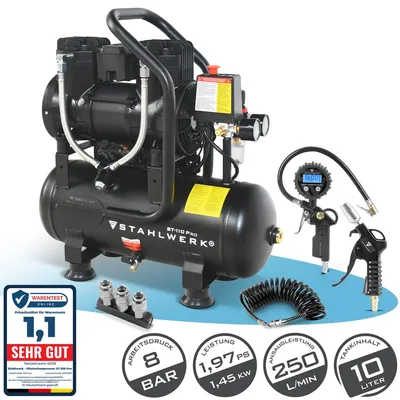 Produktbild von STAHLWERK Kompressor mit 10 L Tank (ST-110 Pro) – mit Zubehör – ölfrei, 8 bar, Druckluftkompressor mit Brushless-Motoren, 1,97 PS, 1,45 kW, 250 l/min