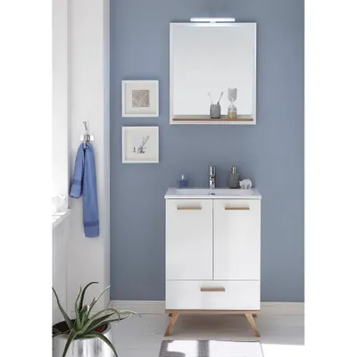 Produktbild von Waschplatz-Set MALANJE-66 Waschtisch und Spiegel in weiß glänzend & Riviera Eiche quer Nb. - B/H/T: 61x200x46cm