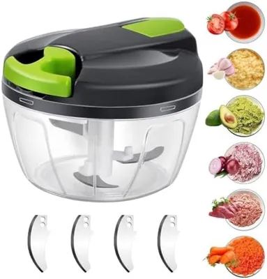 Productafbeelding van PromoHome® Kleine, handbediende voedselhakker - 520 ml multifunctionele keukenmachine met 3 roestvrijstalen messen + 5 extra messen + mixer