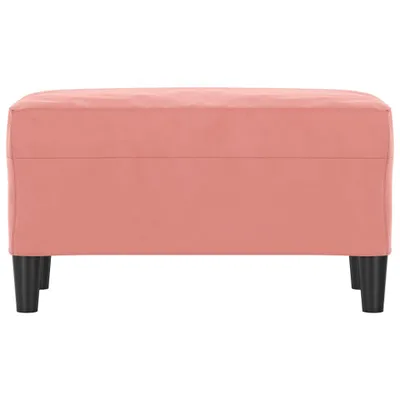 A front view of a pink velvet ottoman on a white background.