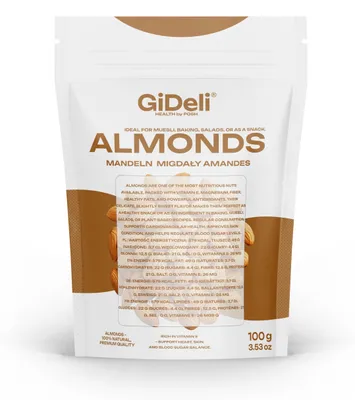 Immagine prodotto di Mandorle 100g, naturali, non salate, qualità ideale per il consumo crudo, con guscio, prodotto vegano, marchio GiDeli
