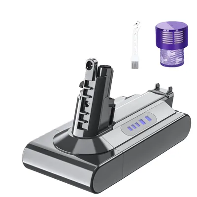 A vacuum cleaner battery and accessories are displayed against a white background.