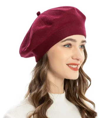 Zdjęcie produktu dla Czapka baskijska damska, klasyczny francuski beret, jednolity kolor, burgundowy, uniwersalny rozmiar, ciepła, wiatroodporna, oddychająca, regulowana. Skład: 50% wiskoza, 20% poliester, 15% nylon, 15% kaszmir