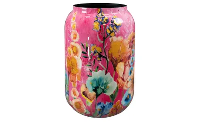 A tall, cylindrical vase with a vibrant floral pattern against a pink background.