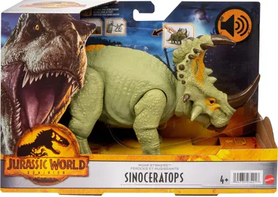 Produktbild von Mattel HDX43 Jurassic World Dominion Sinoceratops Brüllattacke Urzeitmonster Dinosaurier Pflanzenfresser Grün bewegliche Spielfigur herausziehbare DNA Scankarte mit Sound