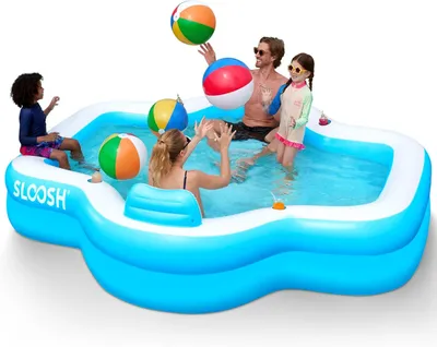 Produktbild von Aufblasbares Schwimmbecken für Familien mit Stühlen, 120" x 101" x 26". Großes, aufblasbares Schwimmbecken mit Rückenlehne und Getränkehaltern, verstärkt für längere Haltbarkeit