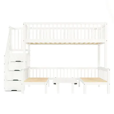 Produktbild von Flieks Etagenbett 90x200cm/120x200cm mit Lattenrost, Hochbett mit Schreibtisch und Treppe, Kinderbett mit Rausfallschutz, Massivholzbett Stockbett, Weiß