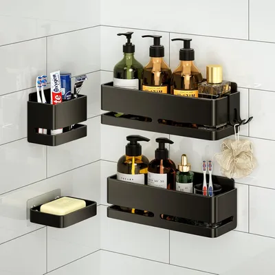 Productafbeelding van Doucherek - Badkamerplank voor wandmontage - Opbergrek，Zwart 5-pack