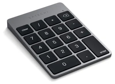 A close-up, angled view of a Satechi aluminum numeric keypad.