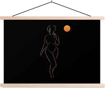 Produktbild von MuchoWow® Textilposter Frau - Mond - Schwarz - Strichzeichnung 60x40 cm mit holzfarbenen Rahmen - Bilder