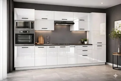 Produktbild von ULWEHOME | Küchenzeile 300 cm Weiß Hochglanz, Küchenmöbel-Set mit Backofen-Mikrowellenschrank, Vorratsschrank & geteilten Arbeitsplatten 120 cm