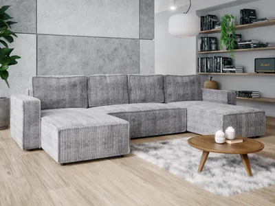 Produktbild von Wohnlandschaft U-Form XXL mit Schlaffunktion und Bettkästen 338x169 Cord Poso Hellgrau BRIK XL