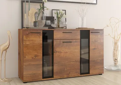 Produktbild von Kommode SALVO Eiche Lefkas  – Sideboard mit 3 Türen und 2 Schubladen – Wohnzimmerschrank für Wohnzimmer, Esszimmer und Flur