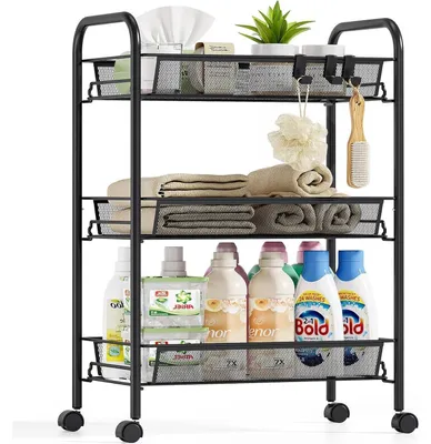 Productafbeelding van Rollenwagen, 3 etages, keukenkraam, metaal, netmand, 3 niveaus, zwart
