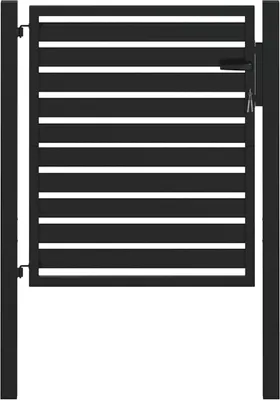 A black metal garden gate with horizontal slats and a latch.