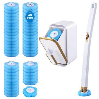 Image de Kit de brosses WC jetables avec 48 recharges, blanc et or
