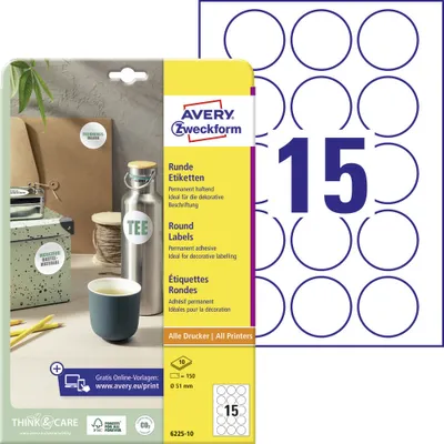 Produktbild von Avery Zweckform 6225-10 Runde Etiketten, A4, Ø 51 mm, weiß