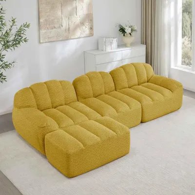 Produktbild von AIORBER L-förmiges modulares 3-Sitzer Sofa mit Ottoman, Boneless Design, 32D Hochdichtschaum, tiefe Sitzfläche, Gelb