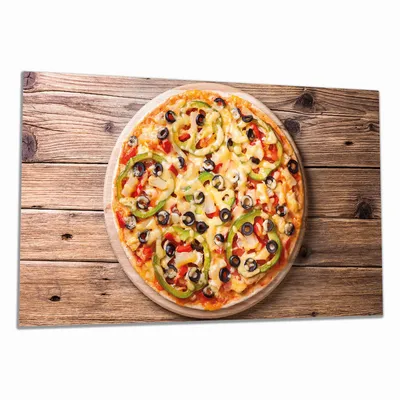 Produktbild von Wallario Herdabdeckplatte aus Glas, Größe 90 x 52 cm 1-teilig, Motiv Italienische Pizza mit Peperoni, Oliven. Paprika und Käse