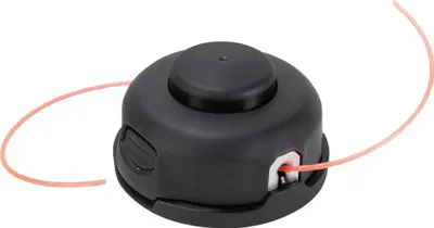 A black string trimmer head with orange trimmer line, shown in isolation against a white background.